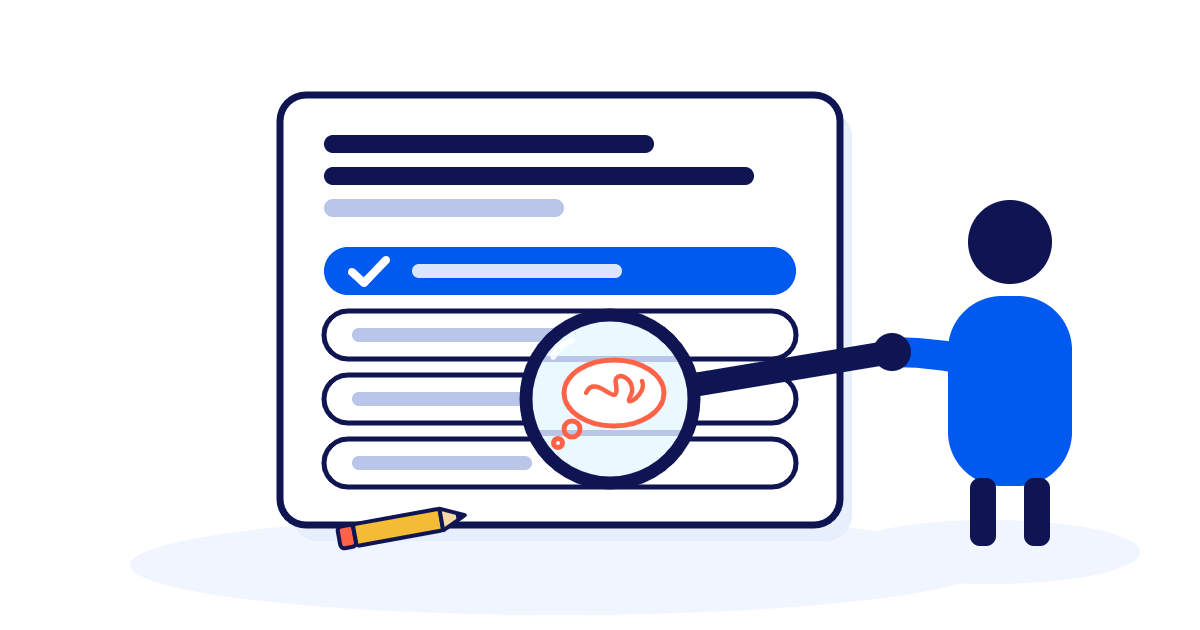 A teacher inspecting a quiz question's answer options with a magnifying glass, revealing the misconception behind a distractor