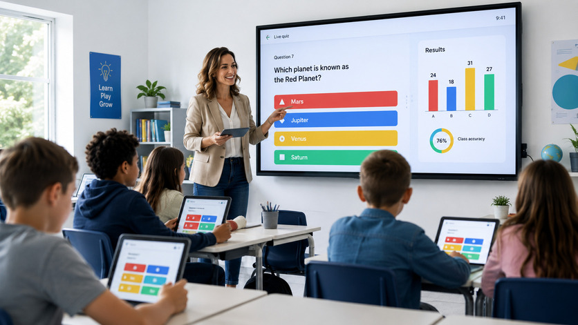 Teacher running a live PanQuiz quiz on a classroom screen while students answer on tablets