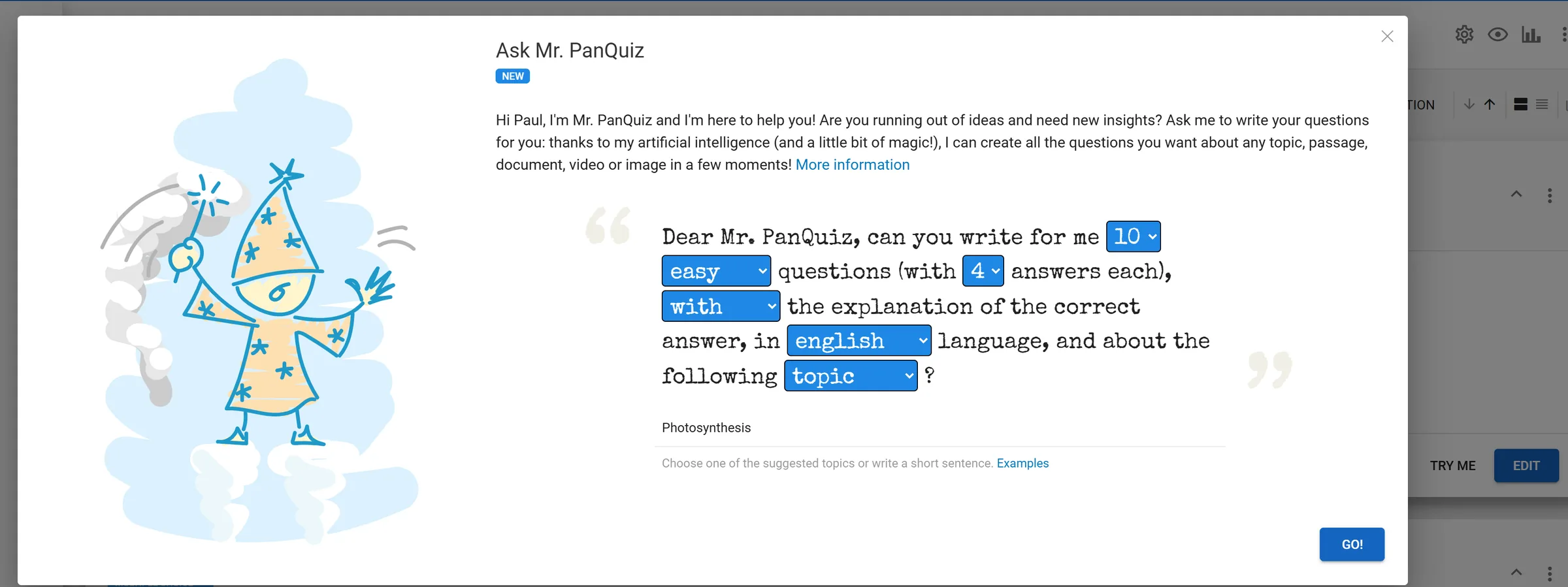 PanQuiz AI assistant generating quiz questions about photosynthesis for a class
