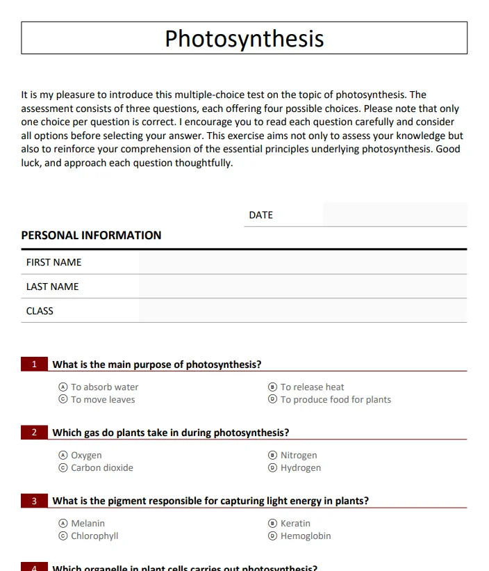 A PanQuiz quiz printed as a paper test on photosynthesis, with student name fields and multiple-choice questions