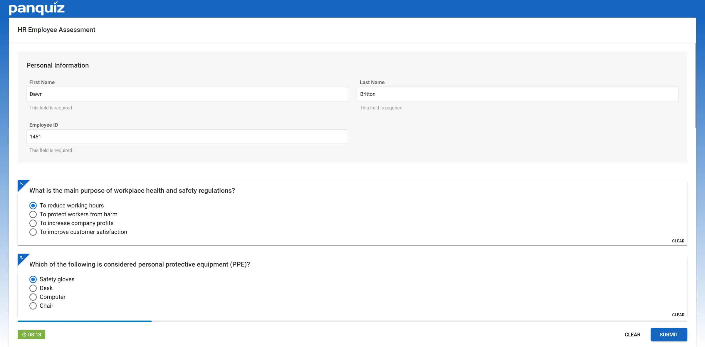 An online exam in progress in PanQuiz, showing a timed HR assessment with multiple-choice questions