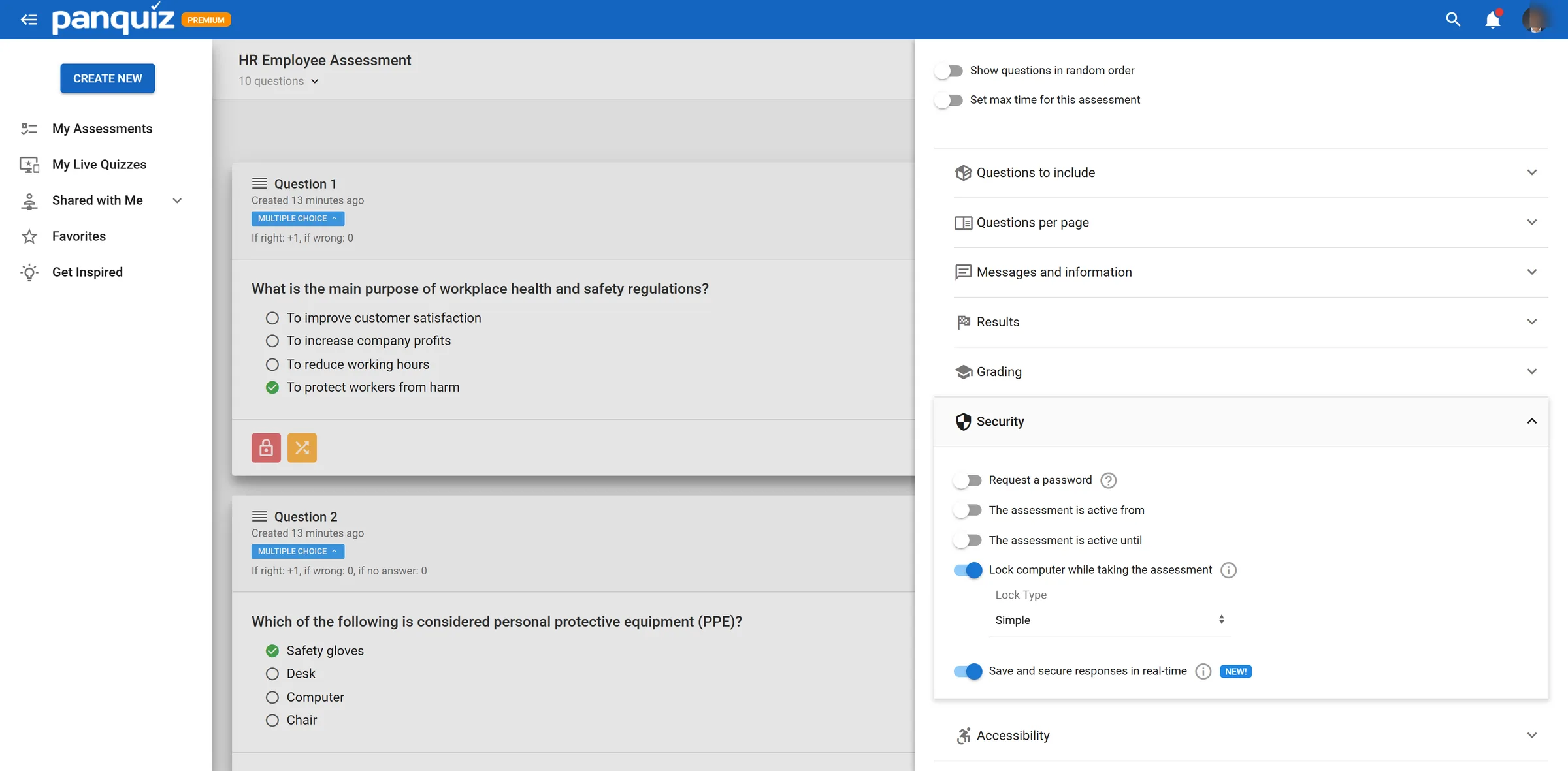 PanQuiz assessment security options including lock computer during the test and real-time response saving